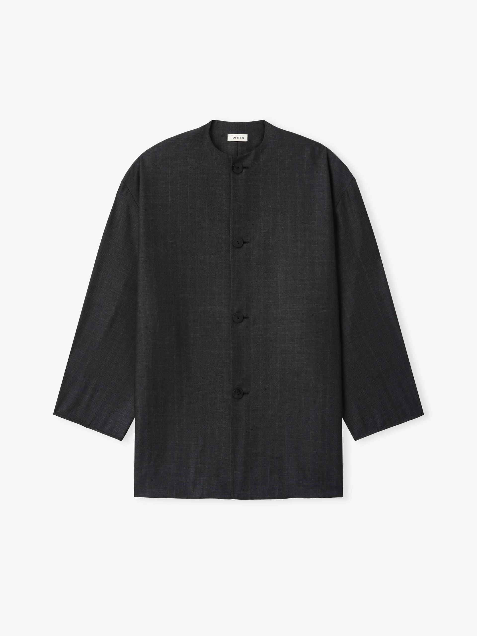 Grey Striped Wool Collarless Sport Jacket